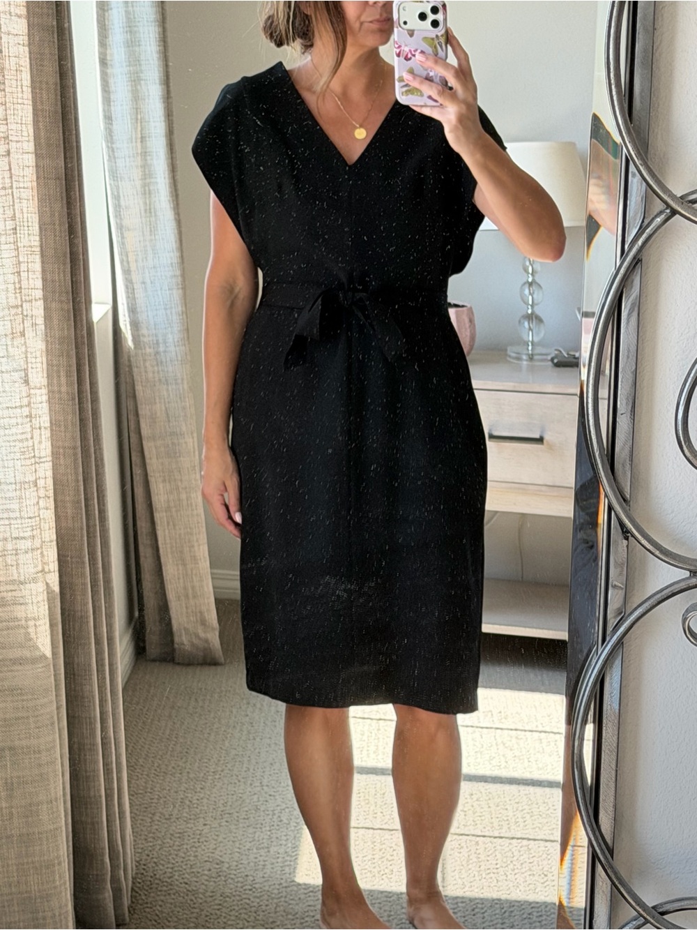 Eliza J Black V-Neck Tie-Waist Midi Dress